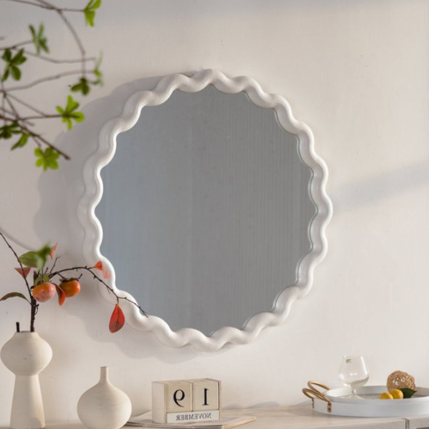 White Scalloped Round Wall Mirror For Living Room