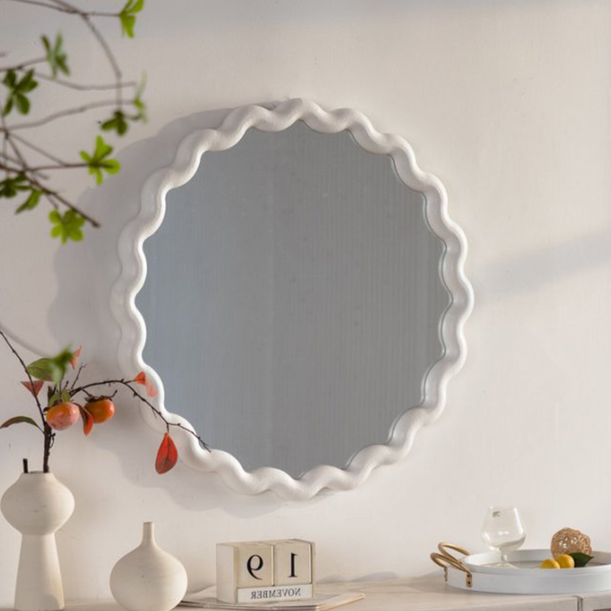 White Scalloped Round Wall Mirror For Living Room