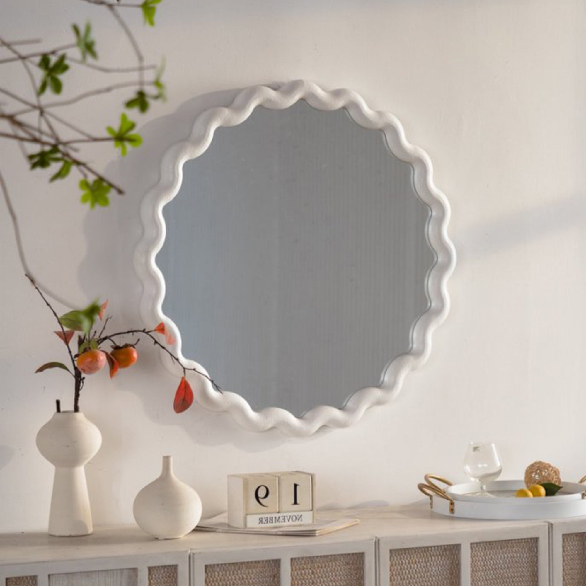 White Scalloped Round Wall Mirror For Living Room